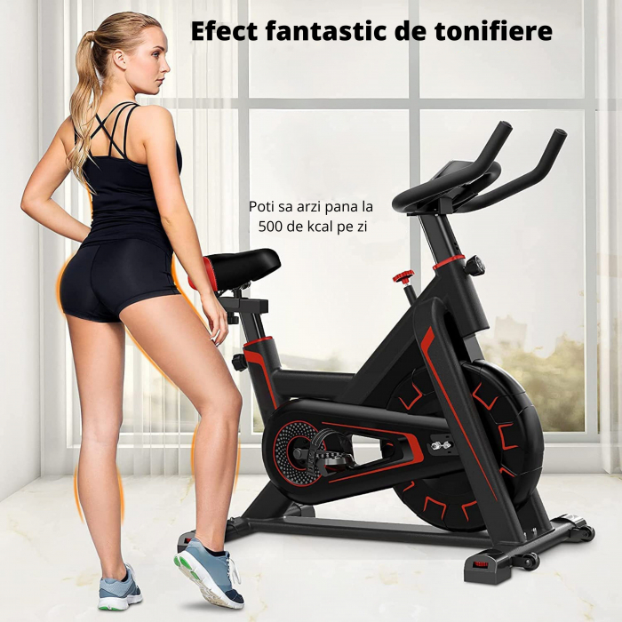 Bicicleta spinning pentru fitness, GO4FIT®, model GF500, volanta 5kg, greutate maxima utilizator 150 kg, functii: timp, viteza, distanta, calorii, puls, culoare negru/rosu [3]