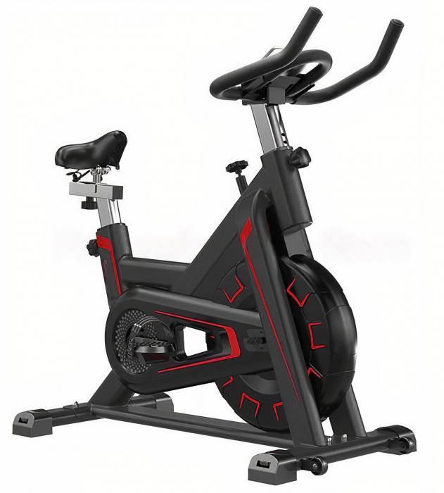 Bicicleta spinning pentru fitness, GO4FIT®, model GF500, volanta 5kg, greutate maxima utilizator 150 kg, functii: timp, viteza, distanta, calorii, puls, culoare negru/rosu [1]
