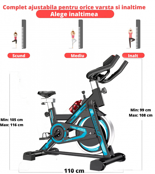 Bicicleta spinning pentru fitness, GO4FIT®, model GF1000, volanta 6 kg, greutate maxima utilizator 150 kg, functii: timp, viteza, distanta, calorii, puls, culoare albastru [3]