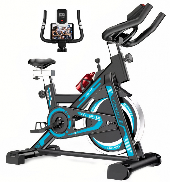 Bicicleta spinning pentru fitness, GO4FIT®, model GF1000, volanta 6 kg, greutate maxima utilizator 150 kg, functii: timp, viteza, distanta, calorii, puls, culoare albastru [1]