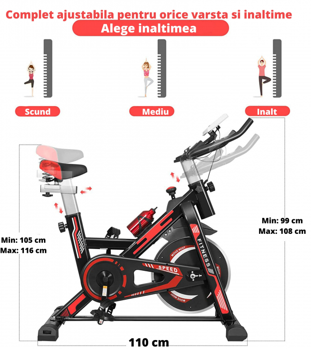 Bicicleta spinning pentru fitness, GO4FIT®, model GF1000, volanta 6 kg, greutate maxima utilizator 150 kg, functii: timp, viteza, distanta, calorii, puls, culoare rosu [3]