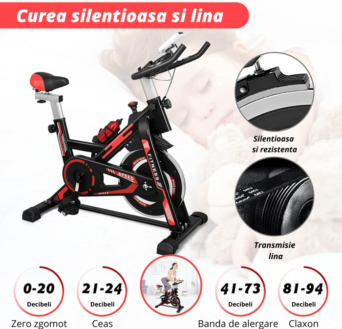 Bicicleta spinning pentru fitness, GO4FIT®, model GF1000, volanta 6 kg, greutate maxima utilizator 150 kg, functii: timp, viteza, distanta, calorii, puls, culoare rosu [2]