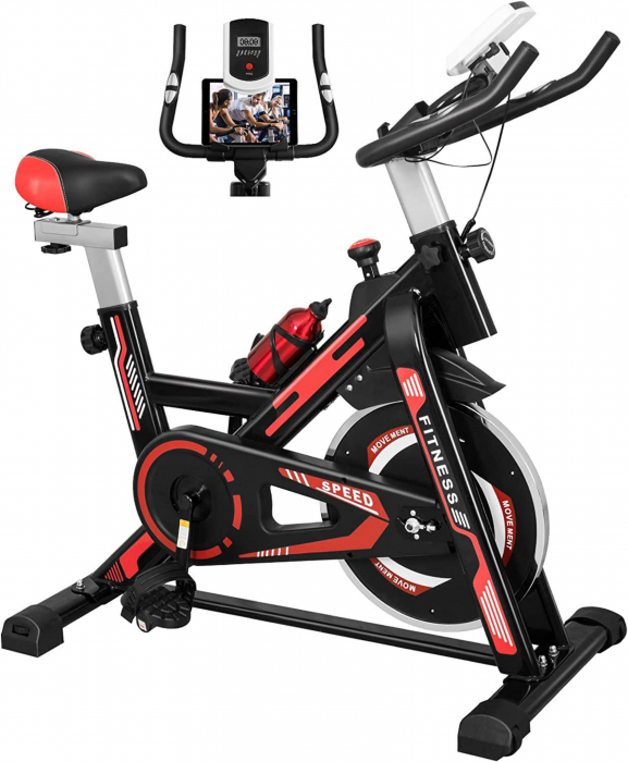 Bicicleta spinning pentru fitness, GO4FIT®, model GF1000, volanta 6 kg, greutate maxima utilizator 150 kg, functii: timp, viteza, distanta, calorii, puls, culoare rosu [1]