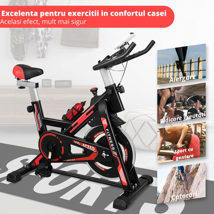 Bicicleta spinning pentru fitness, GO4FIT®, model GF1000, volanta 6 kg, greutate maxima utilizator 150 kg, functii: timp, viteza, distanta, calorii, puls, culoare rosu [4]