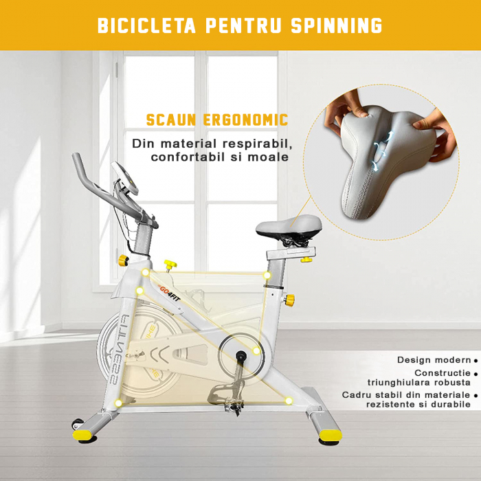 Bicicleta spinning magnetica pentru fitness, GO4FIT, model GF200, volanta 10kg, greutate maxima utilizator 150 kg, functii: timp, viteza, distanta, calorii, puls [4]