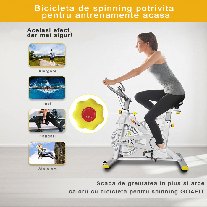 Bicicleta spinning magnetica pentru fitness, GO4FIT, model GF200, volanta 10kg, greutate maxima utilizator 150 kg, functii: timp, viteza, distanta, calorii, puls [9]