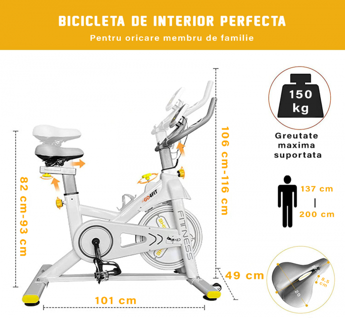 Bicicleta spinning magnetica pentru fitness, GO4FIT, model GF200, volanta 10kg, greutate maxima utilizator 150 kg, functii: timp, viteza, distanta, calorii, puls [2]