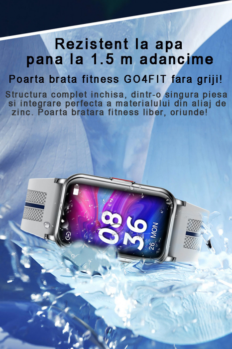 Bratara fitness si ceas smartwatch, GO4FIT® , model GF04, Notificari Apeluri/Sms/Social Media, monitorizare activitati fizice, somn, ritm cardiac, pedometru, rezistent la apa, gri [4]