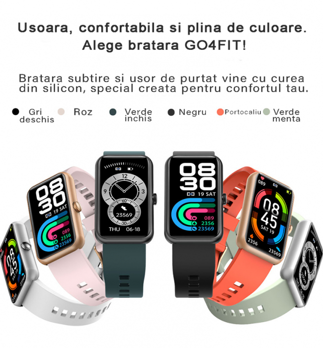 RESIGLAT - Bratara fitness si ceas smartwatch, GO4FIT® , model GF04, Notificari Apeluri/Sms/Social Media, monitorizare activitati fizice, somn, ritm cardiac, pedometru, rezistent la apa, negru simplu [15]