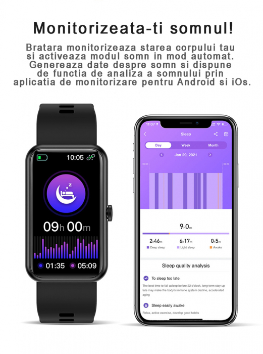 RESIGLAT - Bratara fitness si ceas smartwatch, GO4FIT® , model GF04, Notificari Apeluri/Sms/Social Media, monitorizare activitati fizice, somn, ritm cardiac, pedometru, rezistent la apa, negru simplu [3]