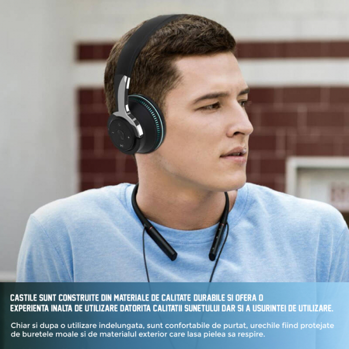 Casti audio wireless on ear, GO4FIT®, model GX02 , Bluetooth 5.0, Pliabile, Autonomie 24 ore, Slot Card, Cablu Auxiliar inclus, negru [14]
