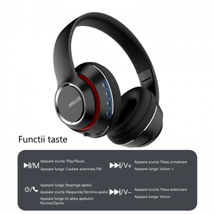 Casti audio wireless on ear, GO4FIT®, model GX500 , Bluetooth 5.0, Pliabile, Autonomie 20 ore, Slot Card, Cablu Auxiliar inclus, negre [2]