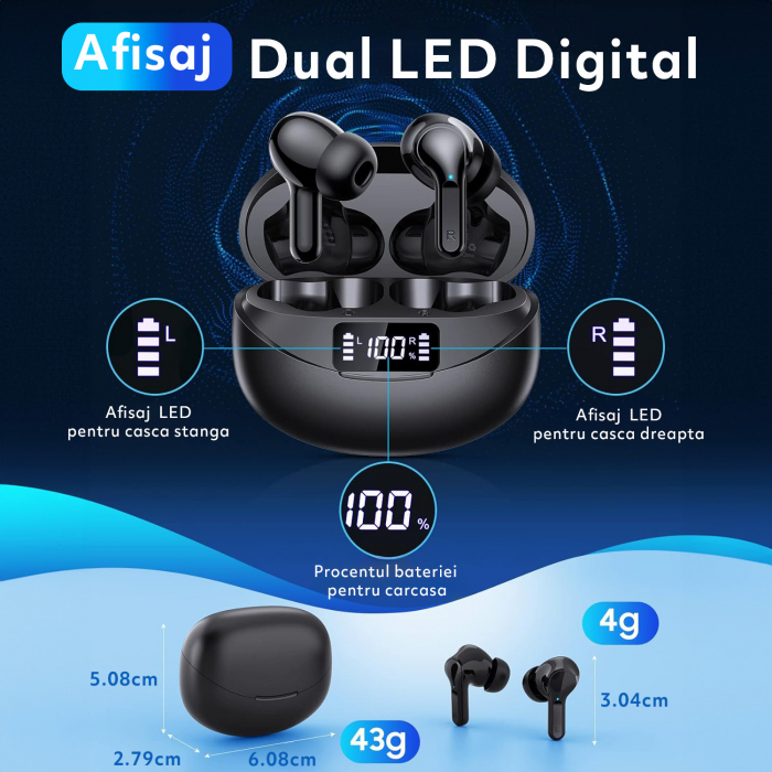 Casti Wireless Audio fara Fir, Bluetooth 5.1, Microfon, Afisaj LED, Control Tactil, Autonomie 35h, Tip Incarcare Type-C, Carcasa Magnetica, 400mAh, Rezistenta la Apa IPX7, Negru [5]