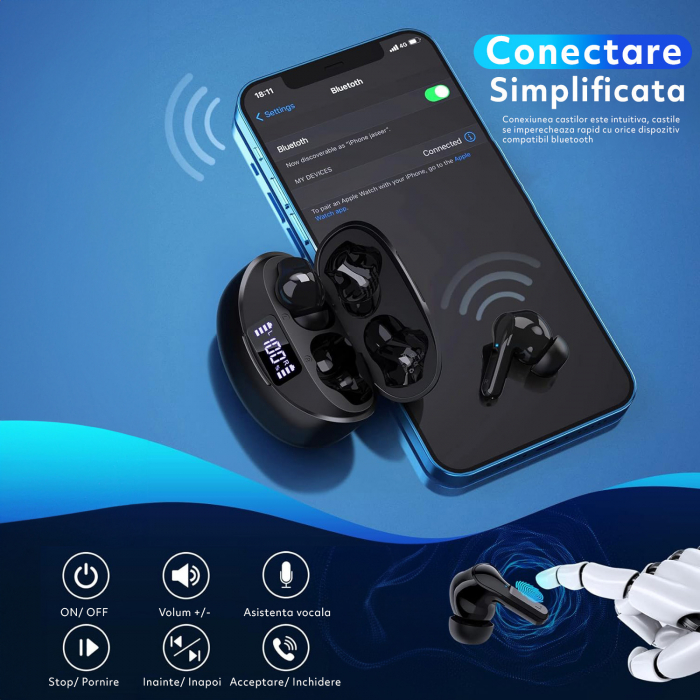 Casti Wireless Audio fara Fir, Bluetooth 5.1, Microfon, Afisaj LED, Control Tactil, Autonomie 35h, Tip Incarcare Type-C, Carcasa Magnetica, 400mAh, Rezistenta la Apa IPX7, Negru [4]