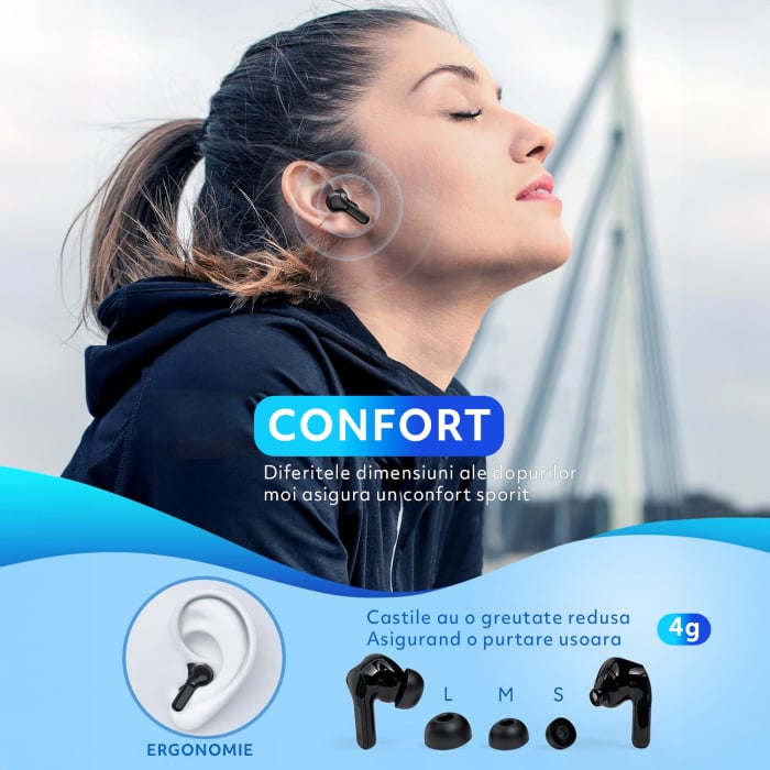 Casti Wireless Audio fara Fir, Bluetooth 5.1, Microfon, Afisaj LED, Control Tactil, Autonomie 35h, Tip Incarcare Type-C, Carcasa Magnetica, 400mAh, Rezistenta la Apa IPX7, Negru [6]