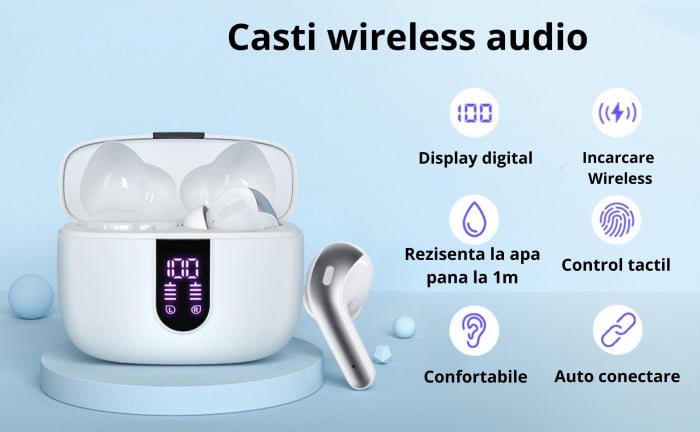 Casti wireless audio, GO4FIT® , model GX08, Bluetooth 5.0, Control prin Atingere, fara fir, Carcasa Magnetica, Afisare LED, Autonomie 30 h, Albe [8]