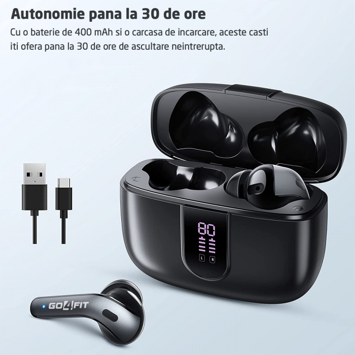 Casti Wireless Audio, GO4FIT®, Model GX08, Bluetooth 5.3, Control prin Atingere, Fara Fir, Carcasa Magnetica, Afisare LED, Autonomie 30 h, Negru [3]