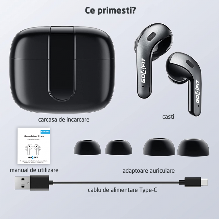 Casti Wireless Audio, GO4FIT®, Model GX08, Bluetooth 5.3, Control prin Atingere, Fara Fir, Carcasa Magnetica, Afisare LED, Autonomie 30 h, Negru [6]