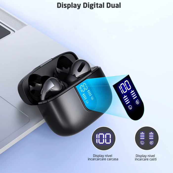 Casti Wireless Audio, GO4FIT®, Model GX08, Bluetooth 5.3, Control prin Atingere, Fara Fir, Carcasa Magnetica, Afisare LED, Autonomie 30 h, Negru [2]