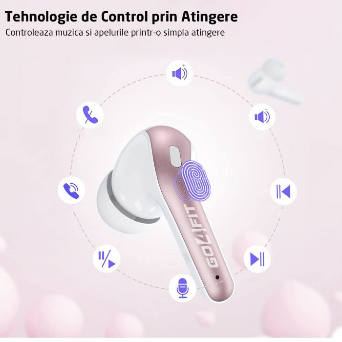 Casti Wireless Audio, GO4FIT®, Model GX08, Bluetooth 5.3, Control prin Atingere, Fara Fir, Carcasa Magnetica, Afisare LED, Autonomie 30 h, Roz [3]