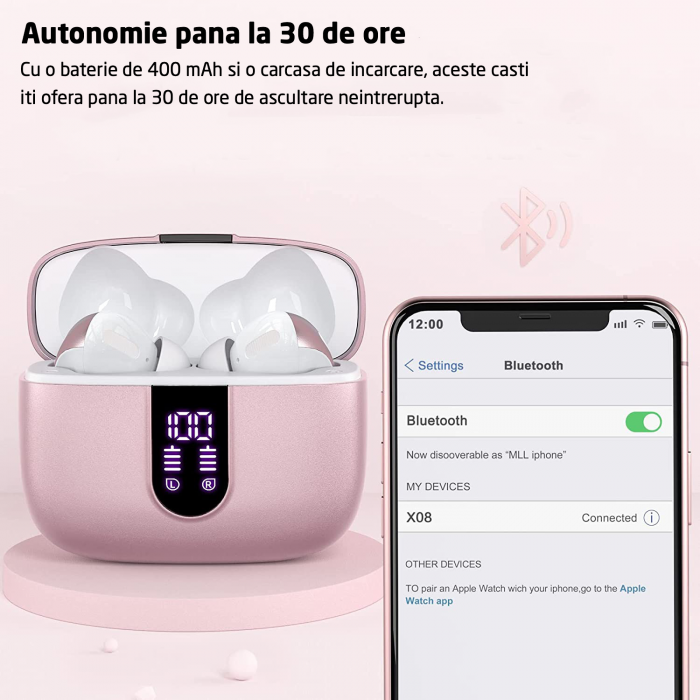 Casti Wireless Audio, GO4FIT®, Model GX08, Bluetooth 5.3, Control prin Atingere, Fara Fir, Carcasa Magnetica, Afisare LED, Autonomie 30 h, Roz [4]