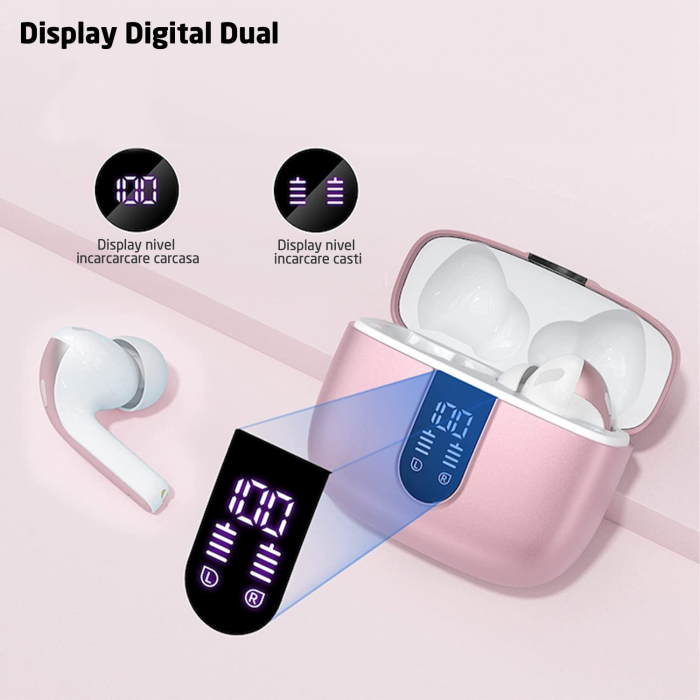 Casti Wireless Audio, GO4FIT®, Model GX08, Bluetooth 5.3, Control prin Atingere, Fara Fir, Carcasa Magnetica, Afisare LED, Autonomie 30 h, Roz [2]