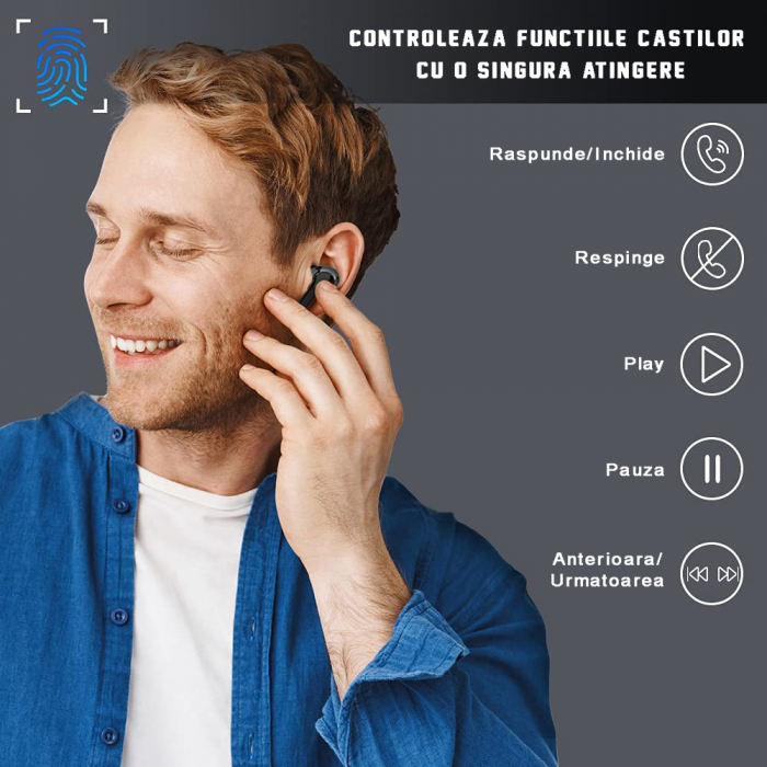 Casti wireless audio, GO4FIT® , model GX01, Bluetooth 5.0, Control prin Atingere, fara fir, Carcasa Magnetica, Afisare LED, Autonomie 20 h, Negru [4]