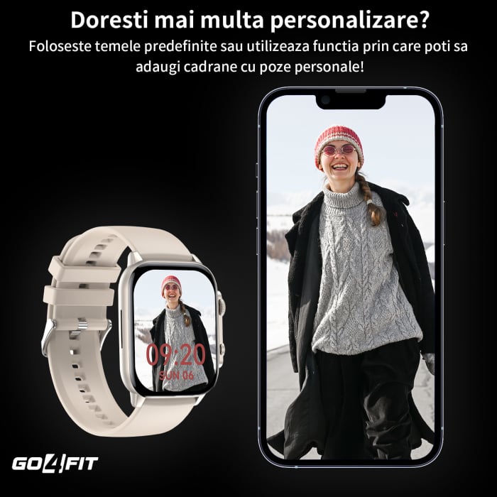 Ceas Smartwatch GO4FIT®, Ecran Touch 1.95’’ Amoled, Apeluri, Notificari, Microfon, Difuzor, Bluetooth 5.2, Blocarea Ecranului, Limba Romana, Autonomie 7 Zile, NFC, Interfata Customizabila, Crem [7]