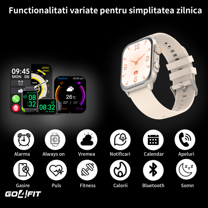 Ceas Smartwatch GO4FIT®, Ecran Touch 1.95’’ Amoled, Apeluri, Notificari, Microfon, Difuzor, Bluetooth 5.2, Blocarea Ecranului, Limba Romana, Autonomie 7 Zile, NFC, Interfata Customizabila, Crem [2]