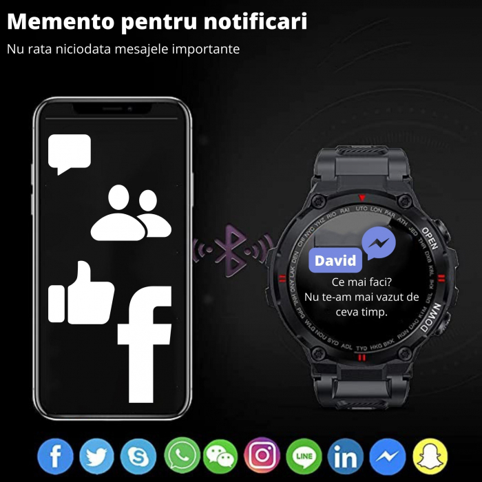 Ceas smartwatch pentru barbati, GO4FIT® , model GK22, rezistent la apa IP67, Notificari Apeluri/Sms/Social Media, monitorizare activitati fizice, somn, ritm cardiac, pedometru, rezistent la apa, negru [5]