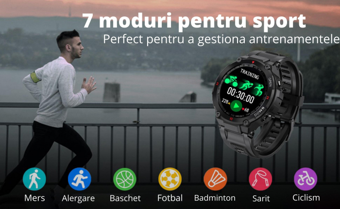 Ceas smartwatch pentru barbati, GO4FIT® , model GK22, rezistent la apa IP67, Notificari Apeluri/Sms/Social Media, monitorizare activitati fizice, somn, ritm cardiac, pedometru, rezistent la apa, negru [7]