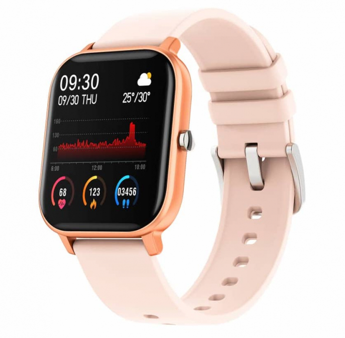 Ceas smartwatch si bratara fitness, GO4FIT® , model GF01, Notificari Apeluri/Sms/Social Media, monitorizare activitati fizice, somn, ritm cardiac, pedometru, player muzica, rezistent la apa, roz [1]