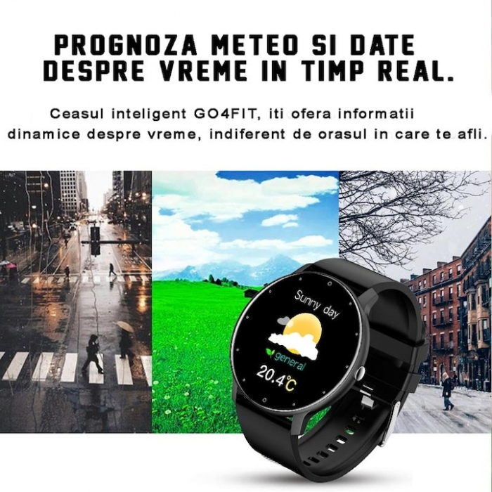 Ceas smartwatch si bratara fitness, GO4FIT® , model GF03, Notificari Apeluri/Sms/Social Media, monitorizare activitati fizice, somn, ritm cardiac, pedometru, player muzica, rezistent la apa, negru [4]