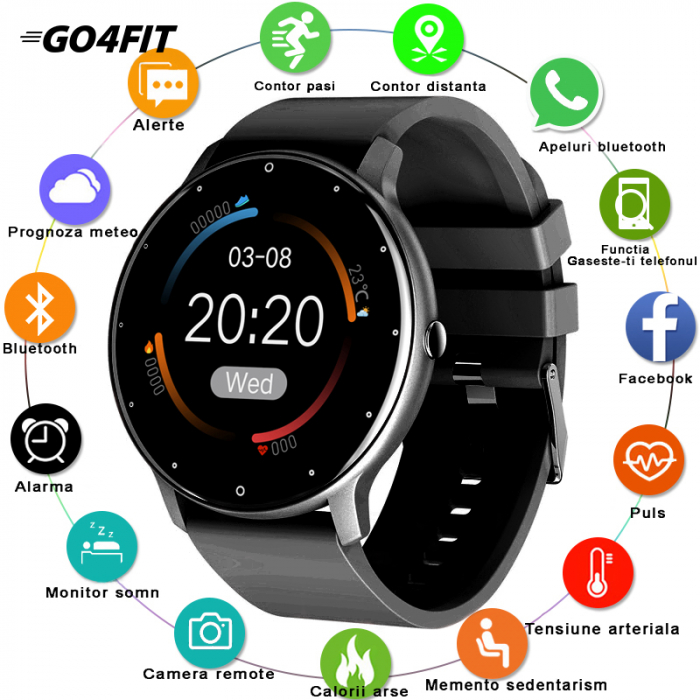 Ceas smartwatch si bratara fitness, GO4FIT® , model GF03, Notificari Apeluri/Sms/Social Media, monitorizare activitati fizice, somn, ritm cardiac, pedometru, player muzica, rezistent la apa, negru [2]