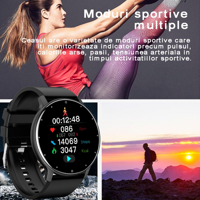 Ceas smartwatch si bratara fitness, GO4FIT® , model GF03, Notificari Apeluri/Sms/Social Media, monitorizare activitati fizice, somn, ritm cardiac, pedometru, player muzica, rezistent la apa, negru [8]