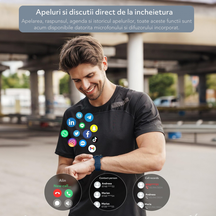 Ceas smartwatch si bratara fitness, GO4FIT® , model GF03, Notificari Apeluri/Sms/Social Media, monitorizare activitati fizice, somn, ritm cardiac, pedometru, player muzica, rezistent la apa, verde [2]