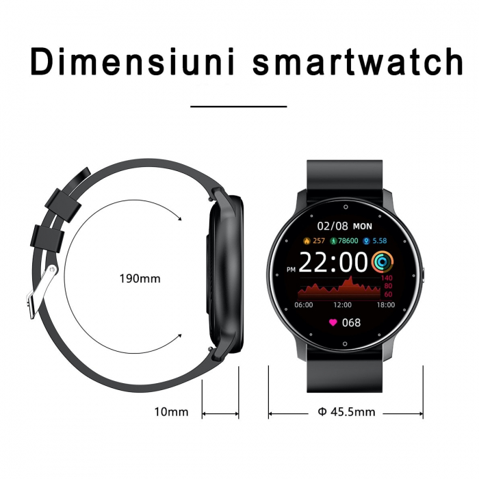 Ceas smartwatch si bratara fitness, GO4FIT® , model GF03, Notificari Apeluri/Sms/Social Media, monitorizare activitati fizice, somn, ritm cardiac, pedometru, player muzica, rezistent la apa, negru [10]
