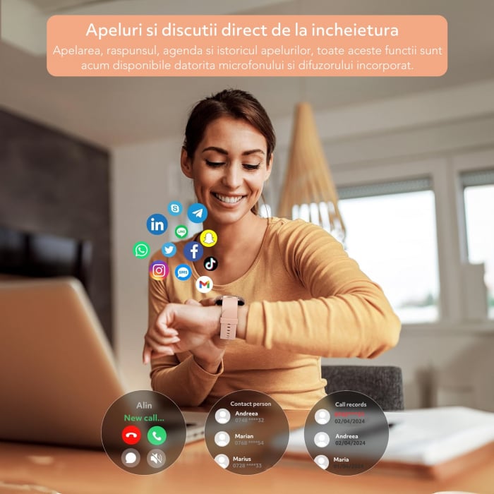 Ceas smartwatch si bratara fitness, GO4FIT® , model GF03, Notificari Apeluri/Sms/Social Media, monitorizare activitati fizice, somn, ritm cardiac, pedometru, player muzica, rezistent la apa, roz [2]