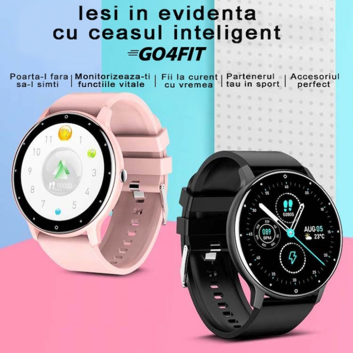 Ceas smartwatch si bratara fitness, GO4FIT® , model GF03, Notificari Apeluri/Sms/Social Media, monitorizare activitati fizice, somn, ritm cardiac, pedometru, player muzica, rezistent la apa, negru [6]