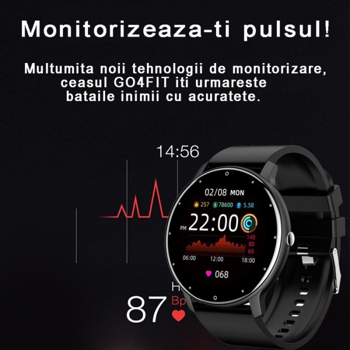 Ceas smartwatch si bratara fitness, GO4FIT® , model GF03, Notificari Apeluri/Sms/Social Media, monitorizare activitati fizice, somn, ritm cardiac, pedometru, player muzica, rezistent la apa, negru [9]