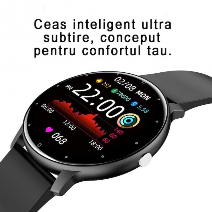 Ceas smartwatch si bratara fitness, GO4FIT® , model GF03, Notificari Apeluri/Sms/Social Media, monitorizare activitati fizice, somn, ritm cardiac, pedometru, player muzica, rezistent la apa, negru [12]