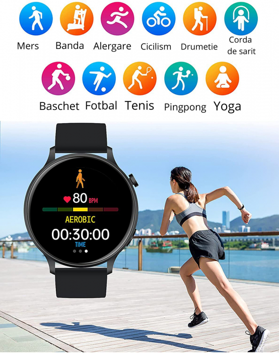 Ceas smartwatch si bratara fitness, GO4FIT® , model GFW11, Notificari Apeluri/Sms/Social Media, monitorizare activitati fizice, somn, ritm cardiac, pedometru, player muzica, rezistent la apa, negru [2]