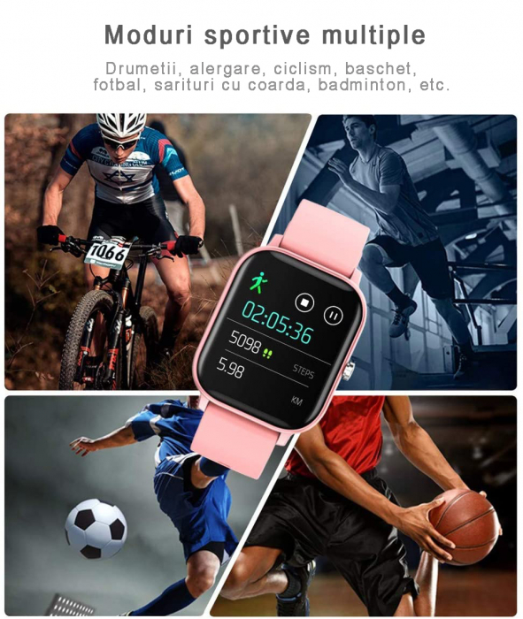 Ceas smartwatch si bratara fitness, GO4FIT® , model GF01, Notificari Apeluri/Sms/Social Media, monitorizare activitati fizice, somn, ritm cardiac, pedometru, player muzica, rezistent la apa, roz [5]