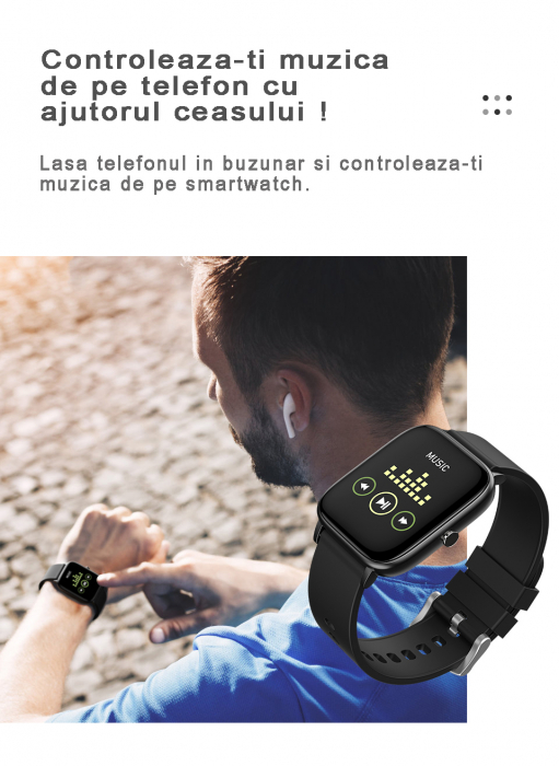 Ceas smartwatch si bratara fitness, GO4FIT® , model GF01, Notificari Apeluri/Sms/Social Media, monitorizare activitati fizice, somn, ritm cardiac, pedometru, player muzica, rezistent la apa, negru [9]