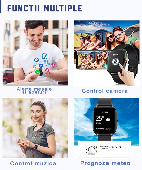 RESIGILAT - Ceas smartwatch si bratara fitness, GO4FIT® , model GF01, Notificari Apeluri/Sms/Social Media, monitorizare activitati fizice, somn, ritm cardiac, pedometru, player muzica, rezistent la ap [4]