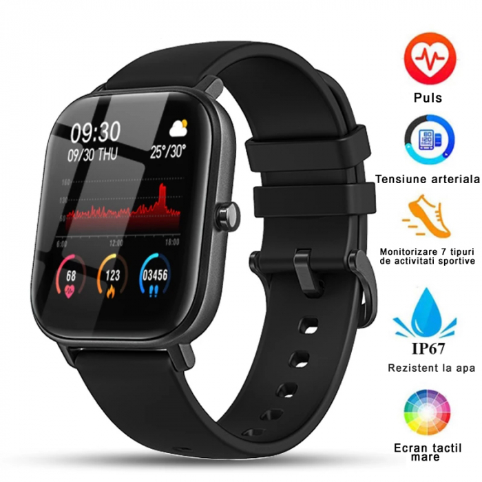 Ceas smartwatch si bratara fitness, GO4FIT® , model GF01, Notificari Apeluri/Sms/Social Media, monitorizare activitati fizice, somn, ritm cardiac, pedometru, player muzica, rezistent la apa, negru [2]