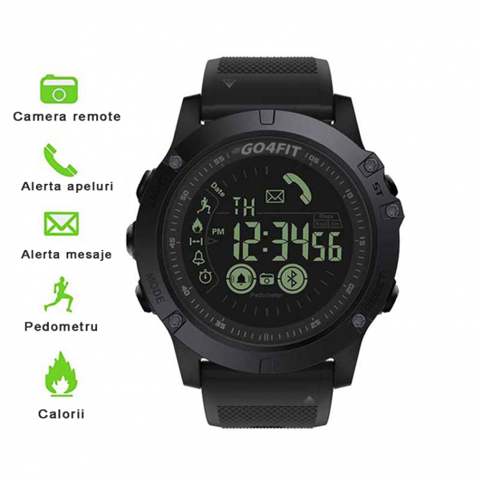 Ceas smartwatch sport, GO4FIT, model GF02, notificari apeluri, sms, social media, monitorizare activitati fizice, fitness, pedometru, calorii, rezistent la apa, curea de silicon, negru [4]