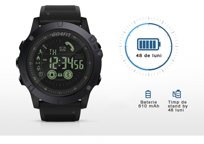 RESIGILAT - Ceas smartwatch sport, GO4FIT, model GF02, notificari apeluri, sms, social media, monitorizare activitati fizice, fitness, pedometru, calorii, rezistent la apa, curea de silicon, negru [9]
