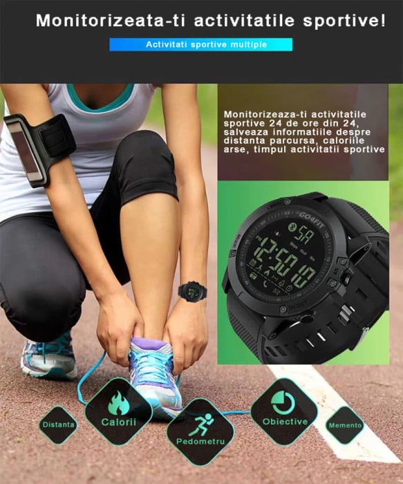 RESIGILAT - Ceas smartwatch sport, GO4FIT, model GF02, notificari apeluri, sms, social media, monitorizare activitati fizice, fitness, pedometru, calorii, rezistent la apa, curea de silicon, negru [6]