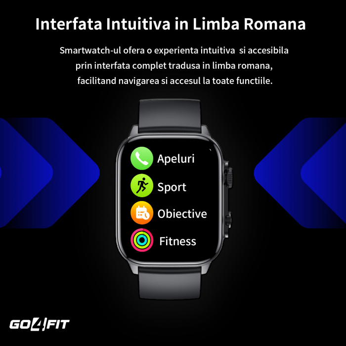Ceas Smartwatch GO4FIT®, Ecran Touch 1.95’’ Amoled, Apeluri, Notificari, Microfon, Difuzor, Bluetooth 5.2, Blocarea Ecranului, Limba Romana, Autonomie 7 Zile, NFC, Interfata Customizabila, Negru [5]